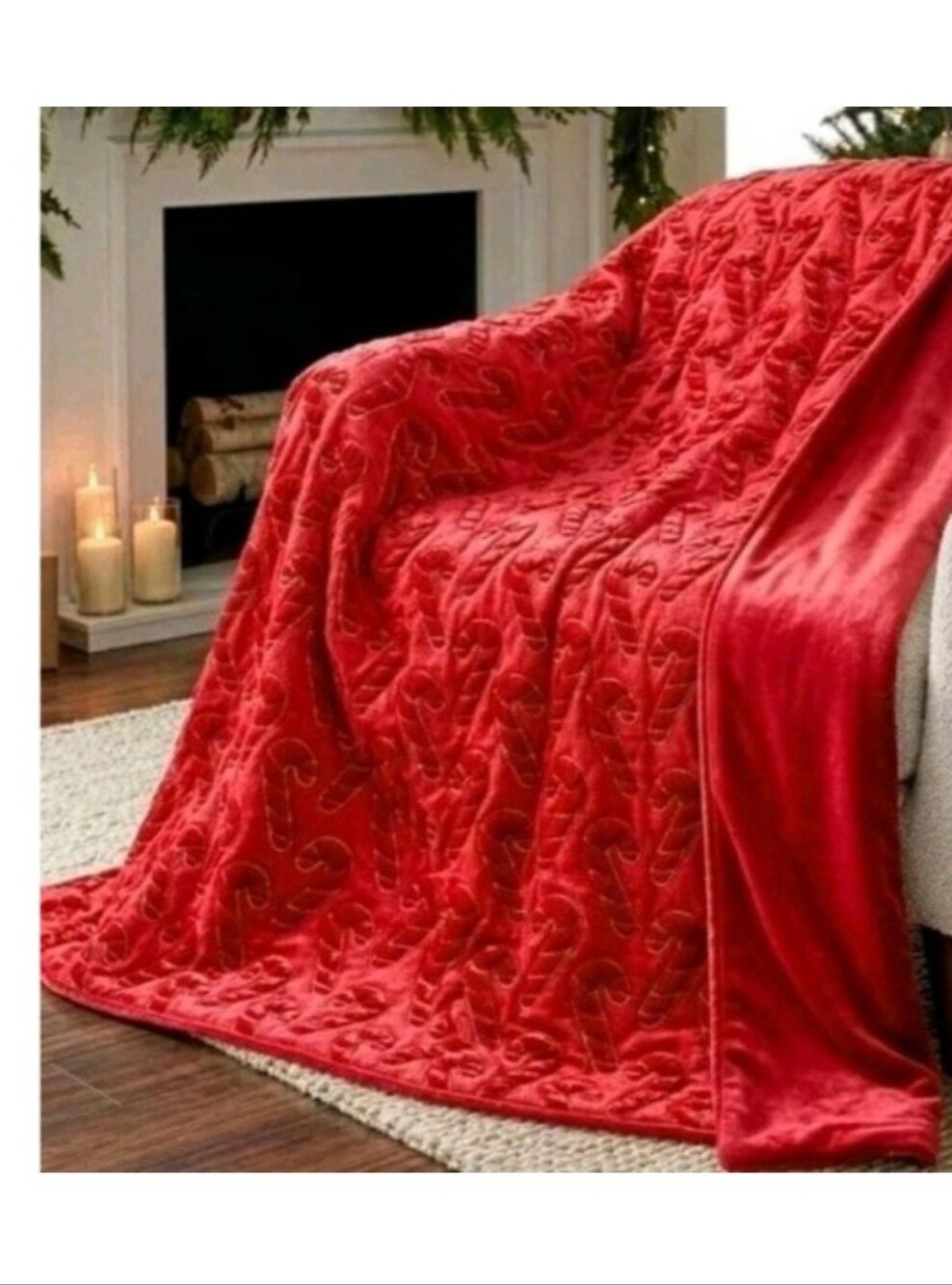 Embroidered Faux Fur Throw Blanket Red Candy Cane Christmas Holiday 60 x 70 in